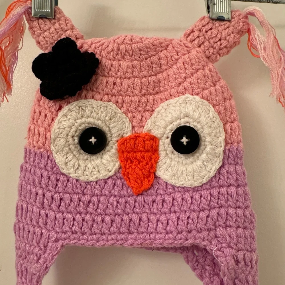 Knit hat girls Owl face with tassel ears, and two long braids in pinks & purples